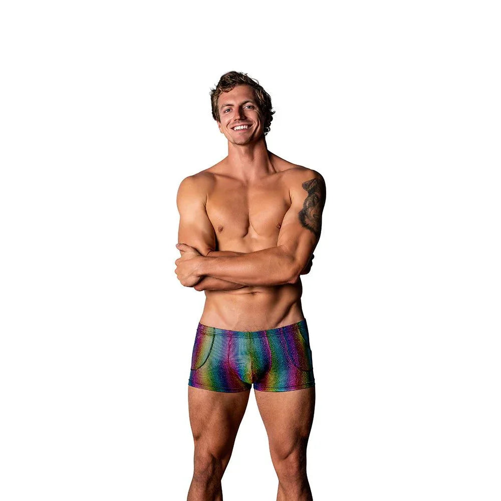 Male model wearing Male Power Pack & Play rainbow pocket short underwear with low-cut waistband and contoured pouch