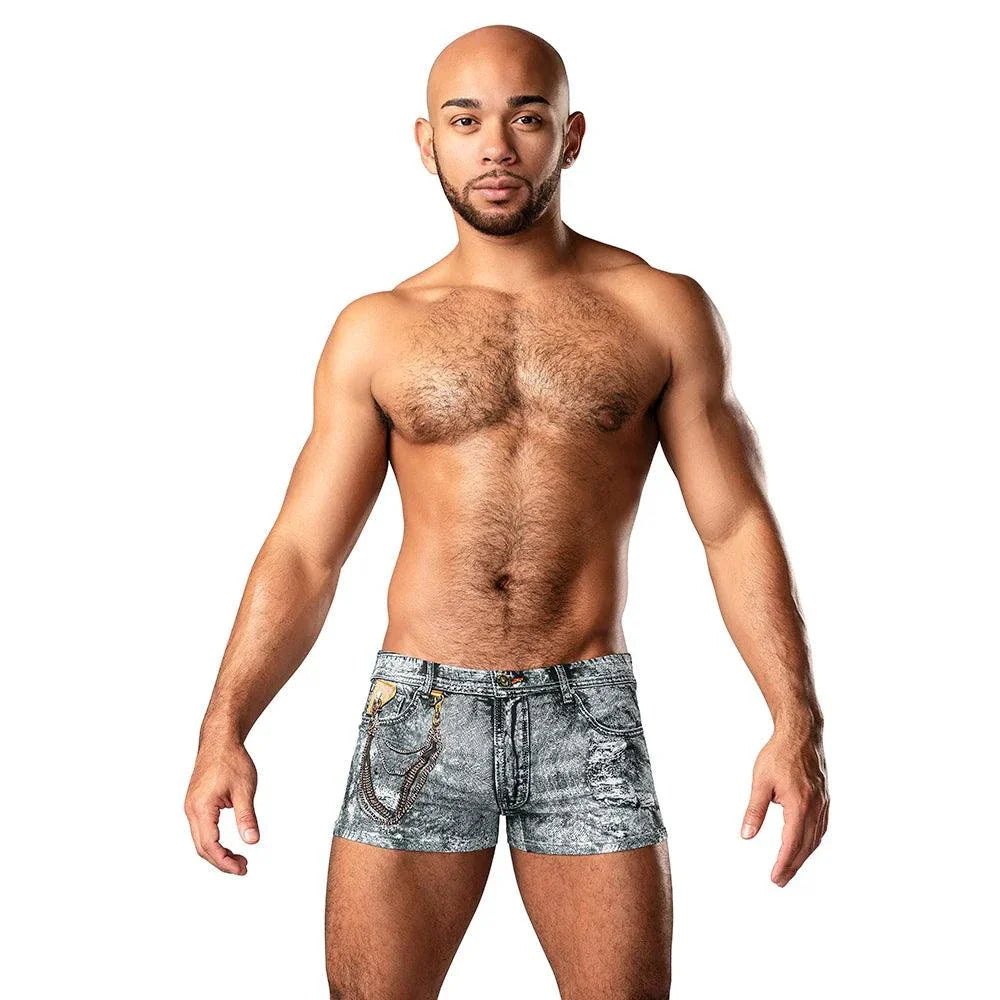 Male model wearing Male Power The Matchmaker mini short denim print shorts