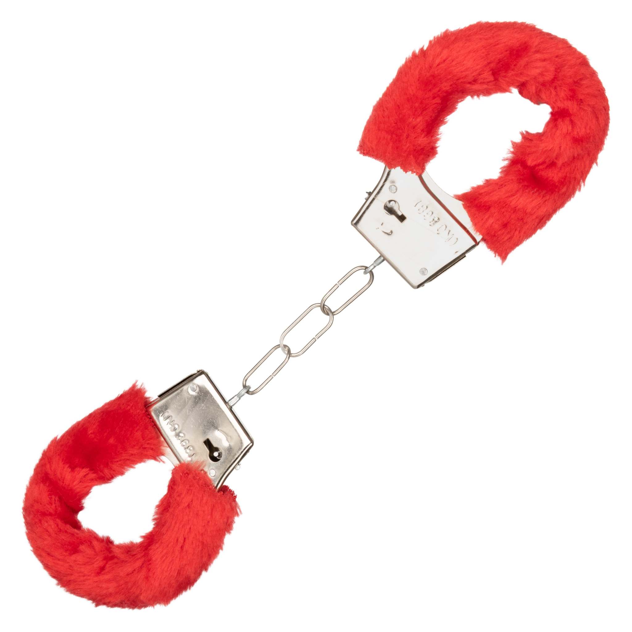 Red playful furry cuffs with soft faux fur covering metal handcuffs and safety release.