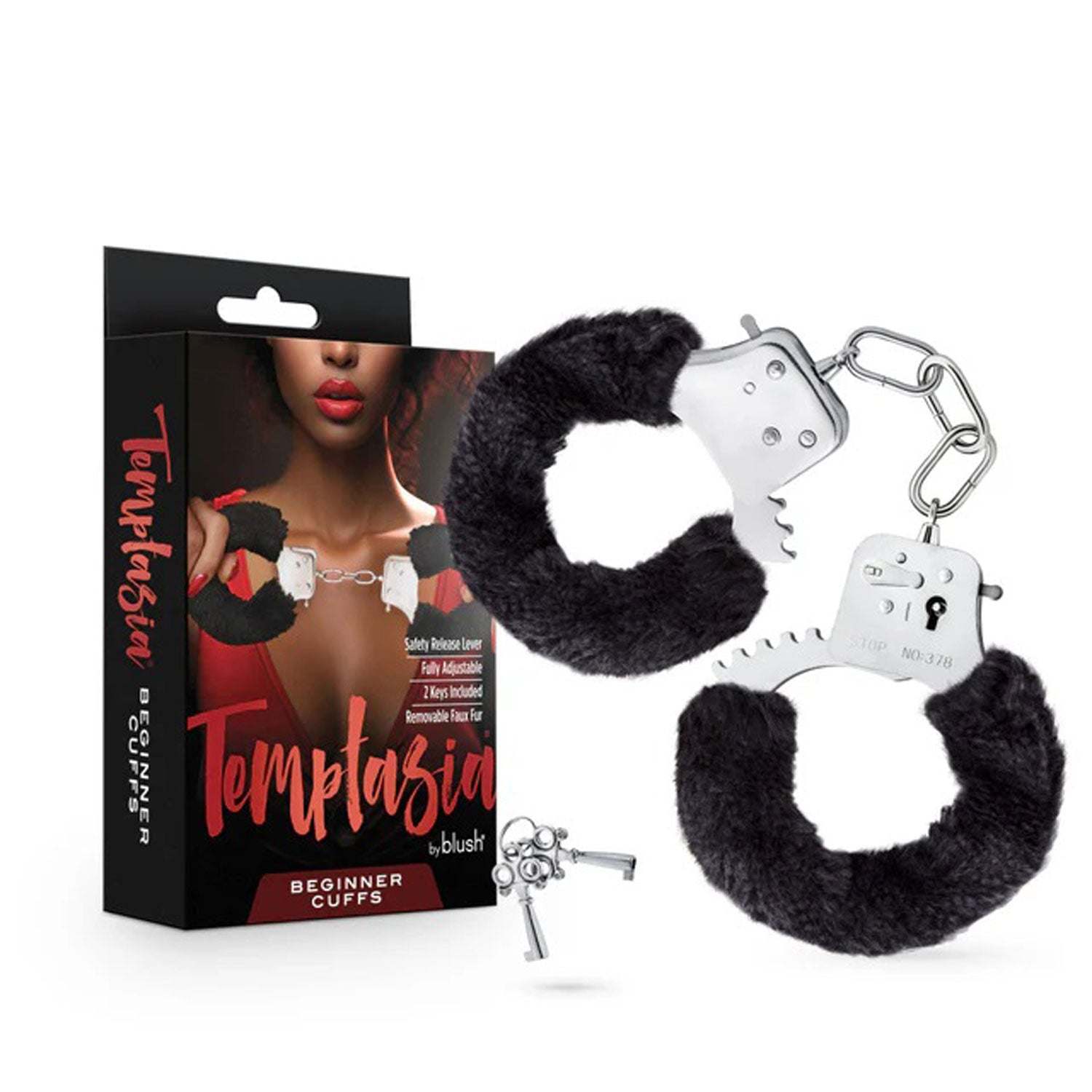 Temptasia Beginner Cuffs black faux fur lined stainless steel adjustable bondage cuffs with safety release and two keys.