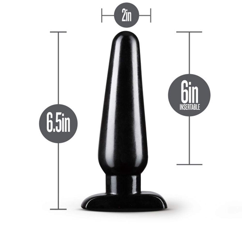 Large black tapered anal plug with smooth PVC surface and comfortable base from Anal Adventures, measuring 6.5 inches total length and 6 inches insertable length.