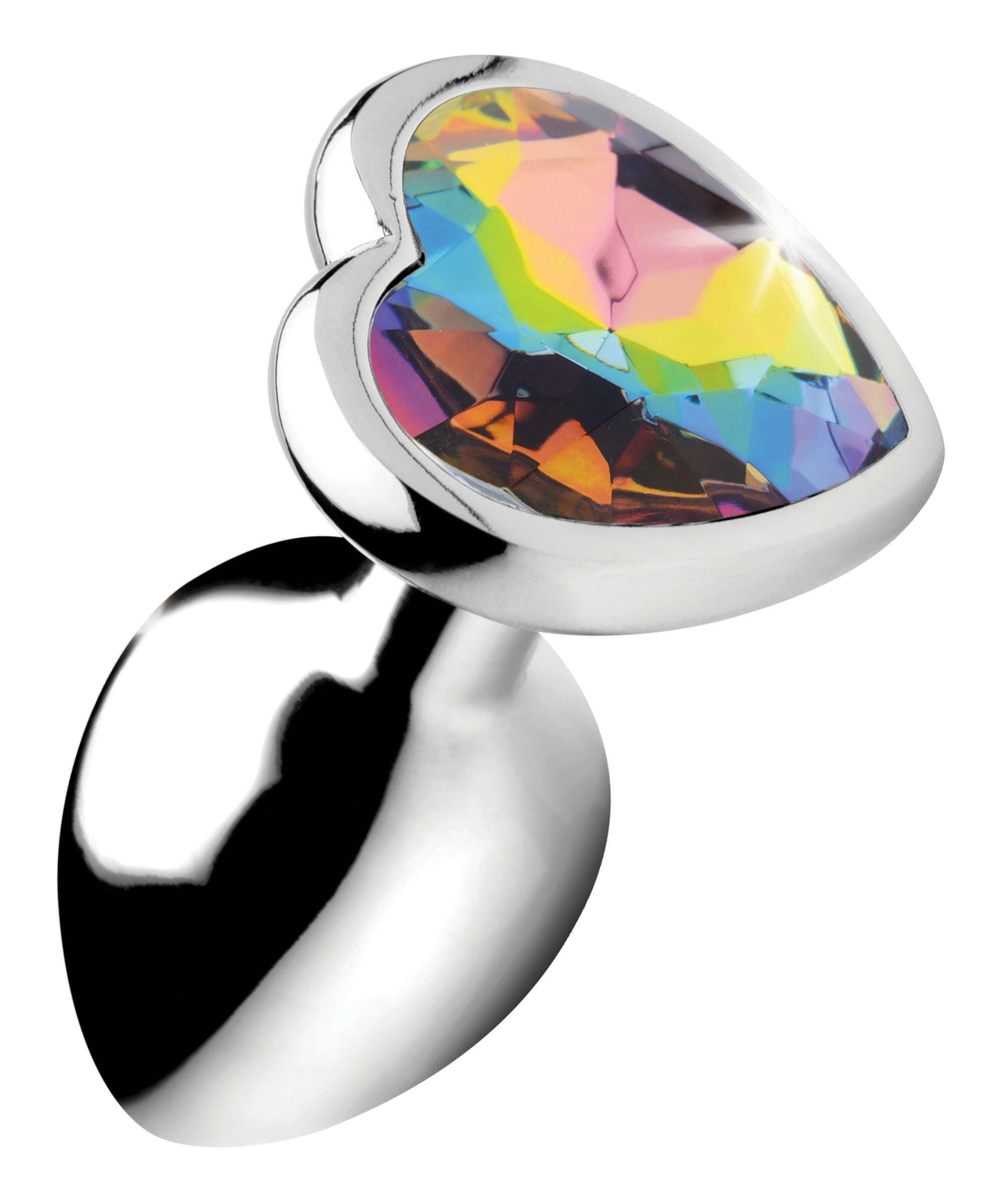 Rainbow Prism Heart-shaped anal plug with iridescent gem and polished nickel-free aluminum alloy design.