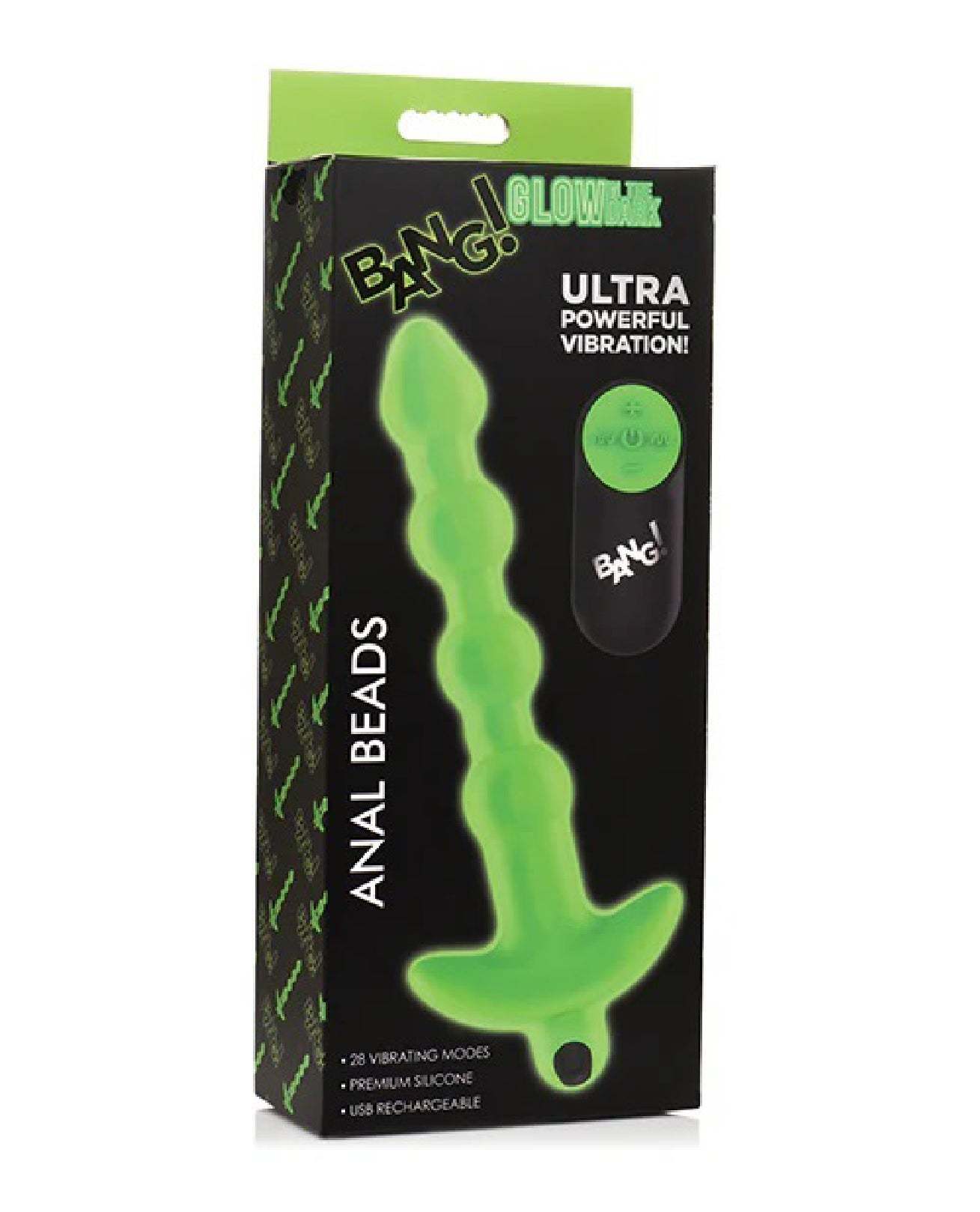 Glow in the Dark Anal Beads in green silicone with USB rechargeable vibrations and multiple speed settings.