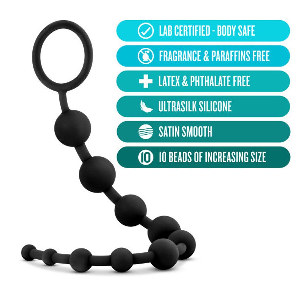 Anal Adventures Platinum silicone 10 black anal beads with progressive sizes and body-safe Ultrasilk silicone material