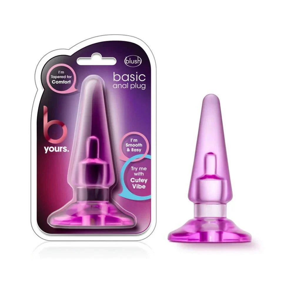 B Yours Basic Anal Plug in pink, 4-inch tapered beginner-friendly design with wide base for safe use and Cutey Vibe compatibility