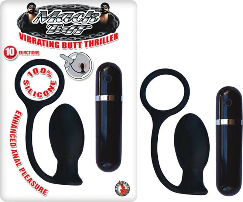 Mack Tuff Vibrating Butt Thriller black silicone multispeed anal plug and cock ring with remote control.