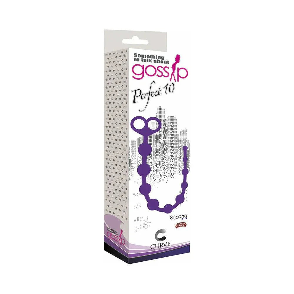 Curve Toys Gossip Perfect 10 violet silicone anal beads with graduated design and double-grip pull ring in retail packaging