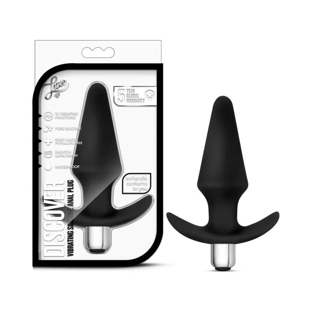 Luxe Discover Vibrating Silicone anal plug in black with 10 vibration modes, waterproof design, and body-safe Puria silicone.