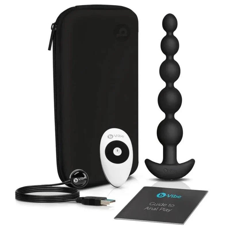 b-Vibe Cinco black rechargeable vibrating anal beads with remote, USB charger, travel case, and guide