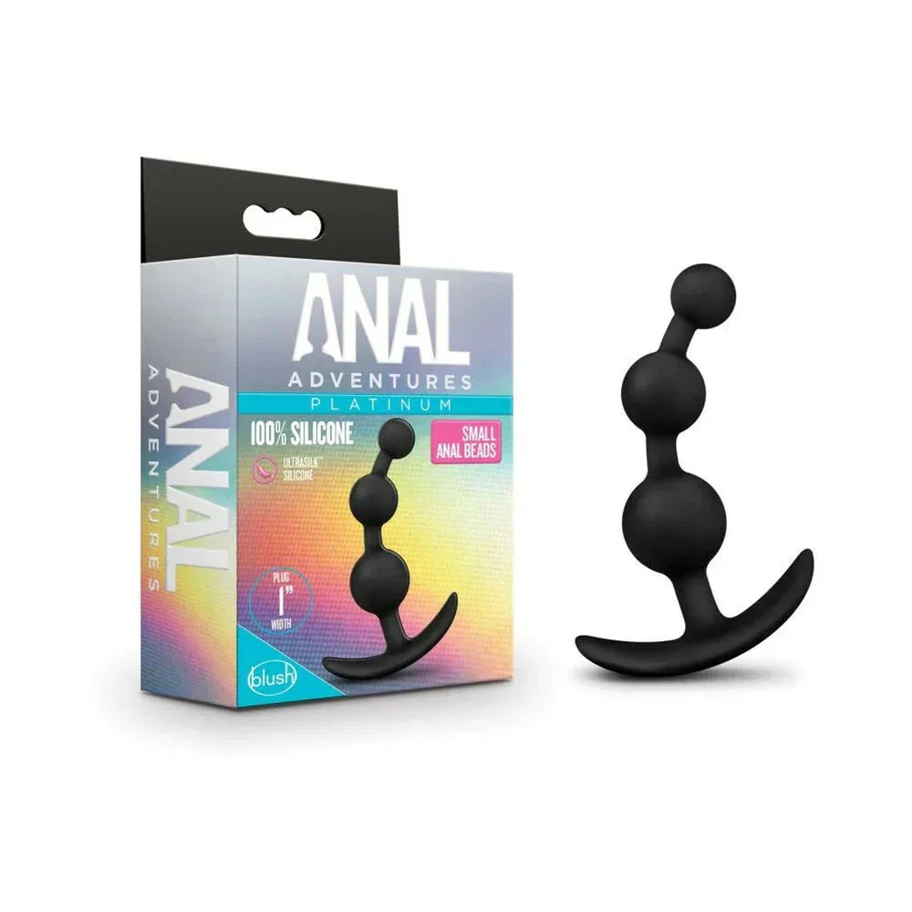 Anal Adventures Platinum Silicone small black anal beads plug with three graduated spheres and flexible shaft.