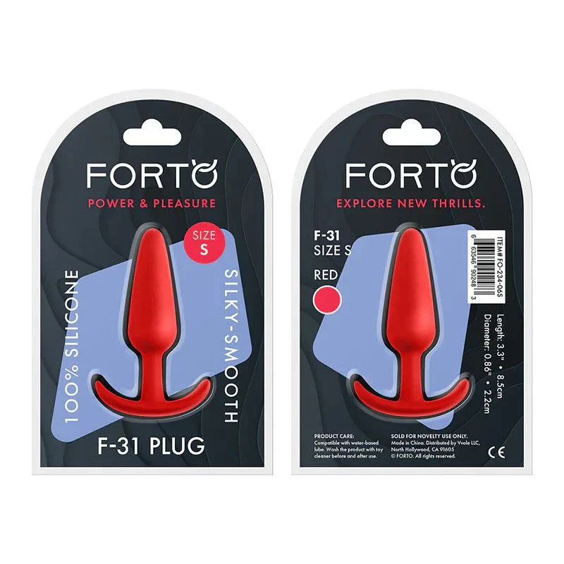Forto F-31 Silicone Anal Plug in small size, red color, silicone material, packaged in black and blue blister pack with product details.