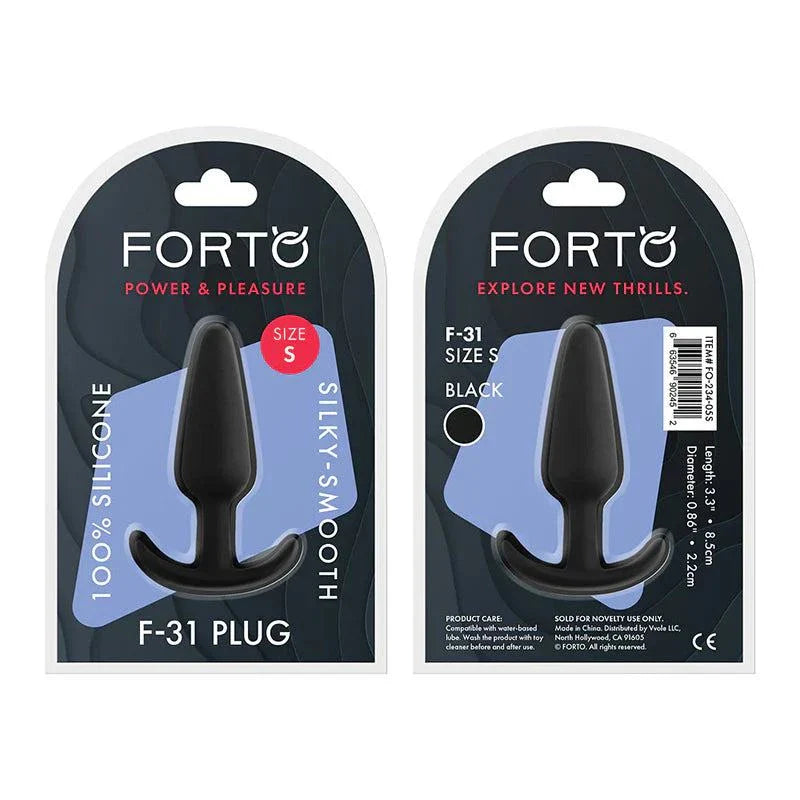 Forto F-31 Silicone Anal Plug small size in black with silky-smooth body-safe silicone and flared base packaging