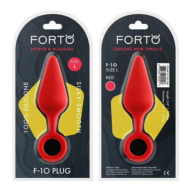 Forto F-10 silicone anal plug in red with pull ring, large size, sleek ergonomic design in retail packaging