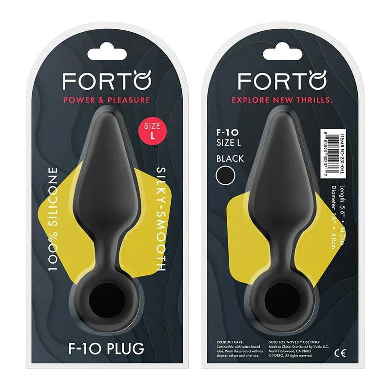 Forto F-10 Silicone Anal Plug with pull ring in black, large size, packaged in black and yellow box.