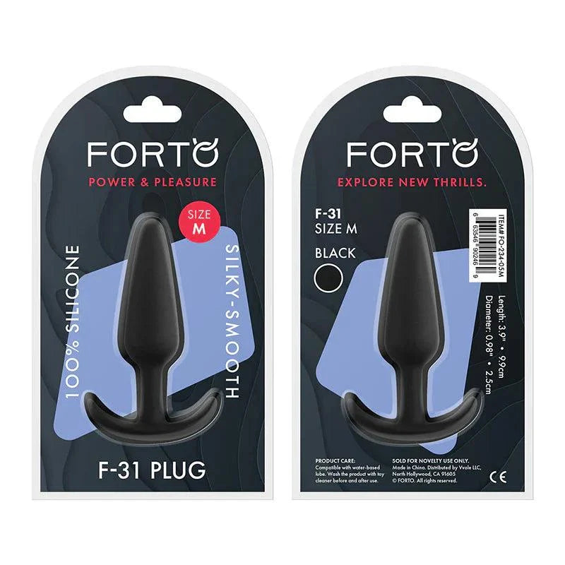 Forto F-31 Silicone Anal Plug medium size in black with smooth, tapered design and flared base packaging front and back view