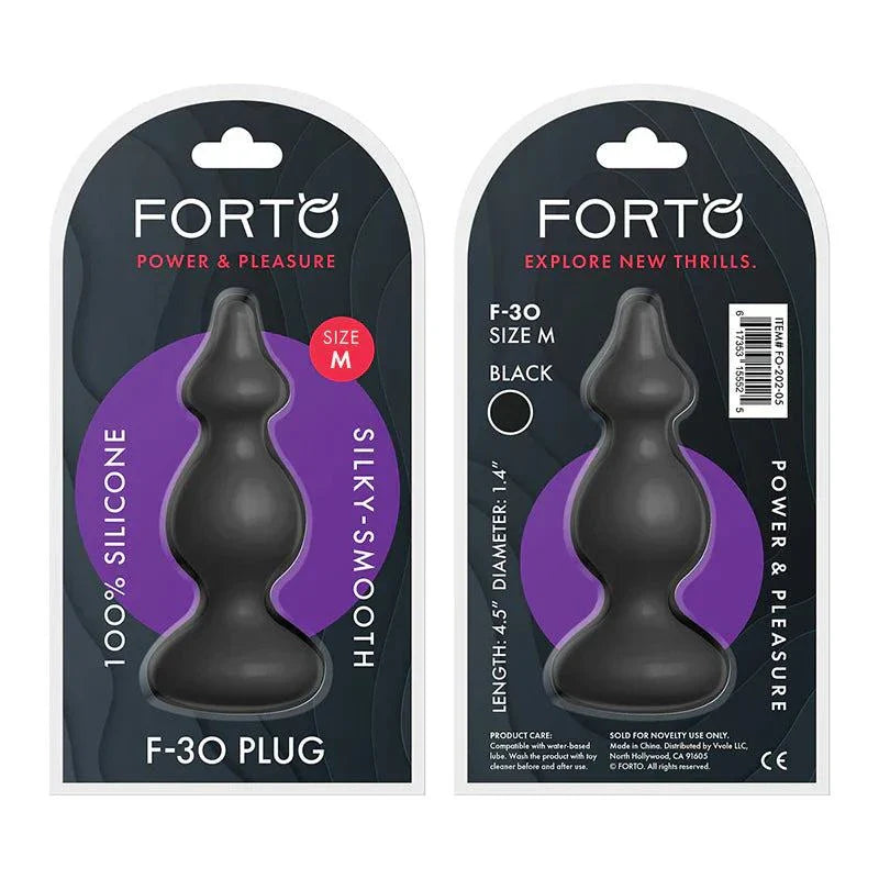 Black Forto F-30 Pointer Silicone Anal Plug in size M with tapered cone design and flat base in retail packaging