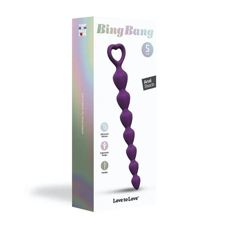 Love to Love Bing Bang Silicone Anal Beads in purple with heart-shaped handle and graduated sizes in white packaging