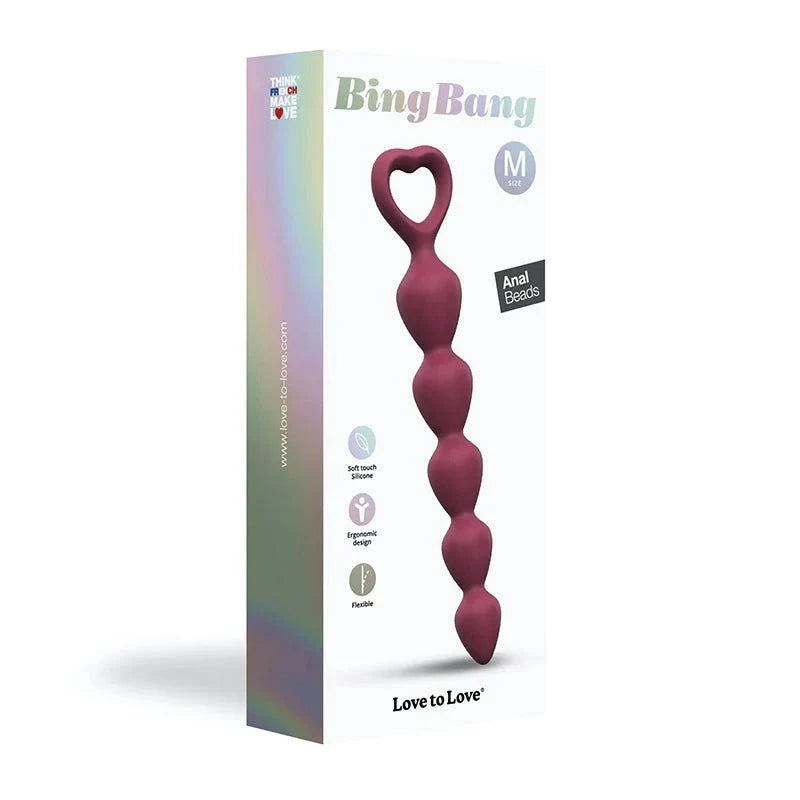 Love to Love Bing Bang Silicone Anal Beads in burgundy with heart-shaped handle and ergonomic design in retail packaging