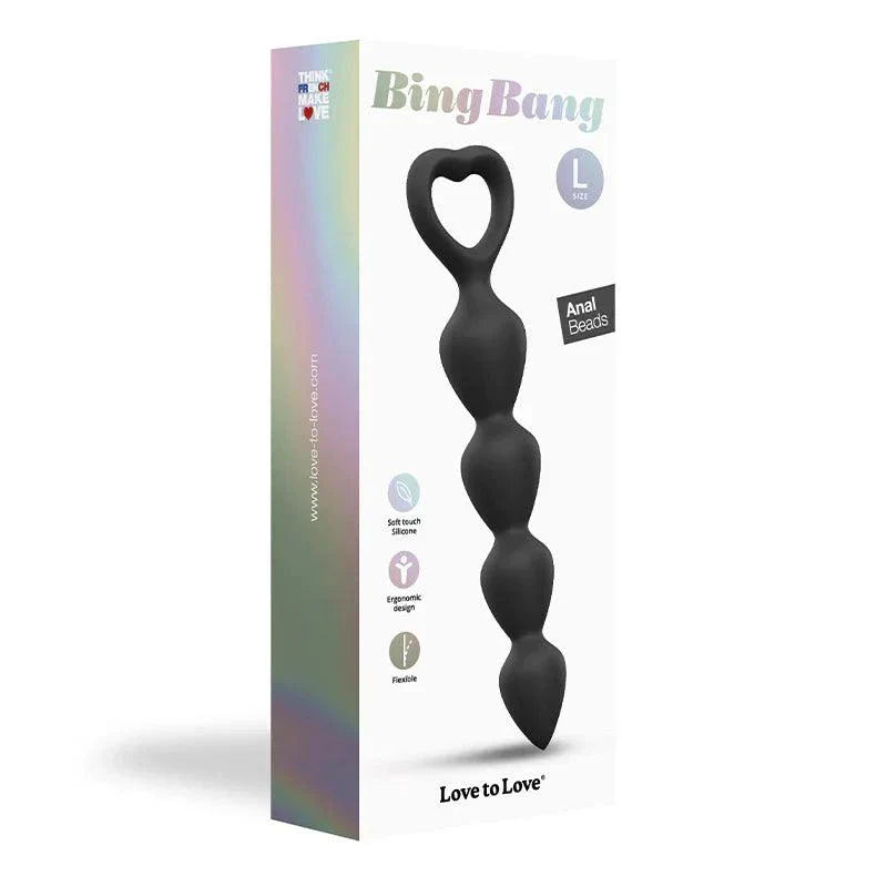 Love to Love Bing Bang Silicone Anal Beads with heart-shaped handle, soft touch silicone, ergonomic design, flexible and body-safe, available in multiple sizes and colors.