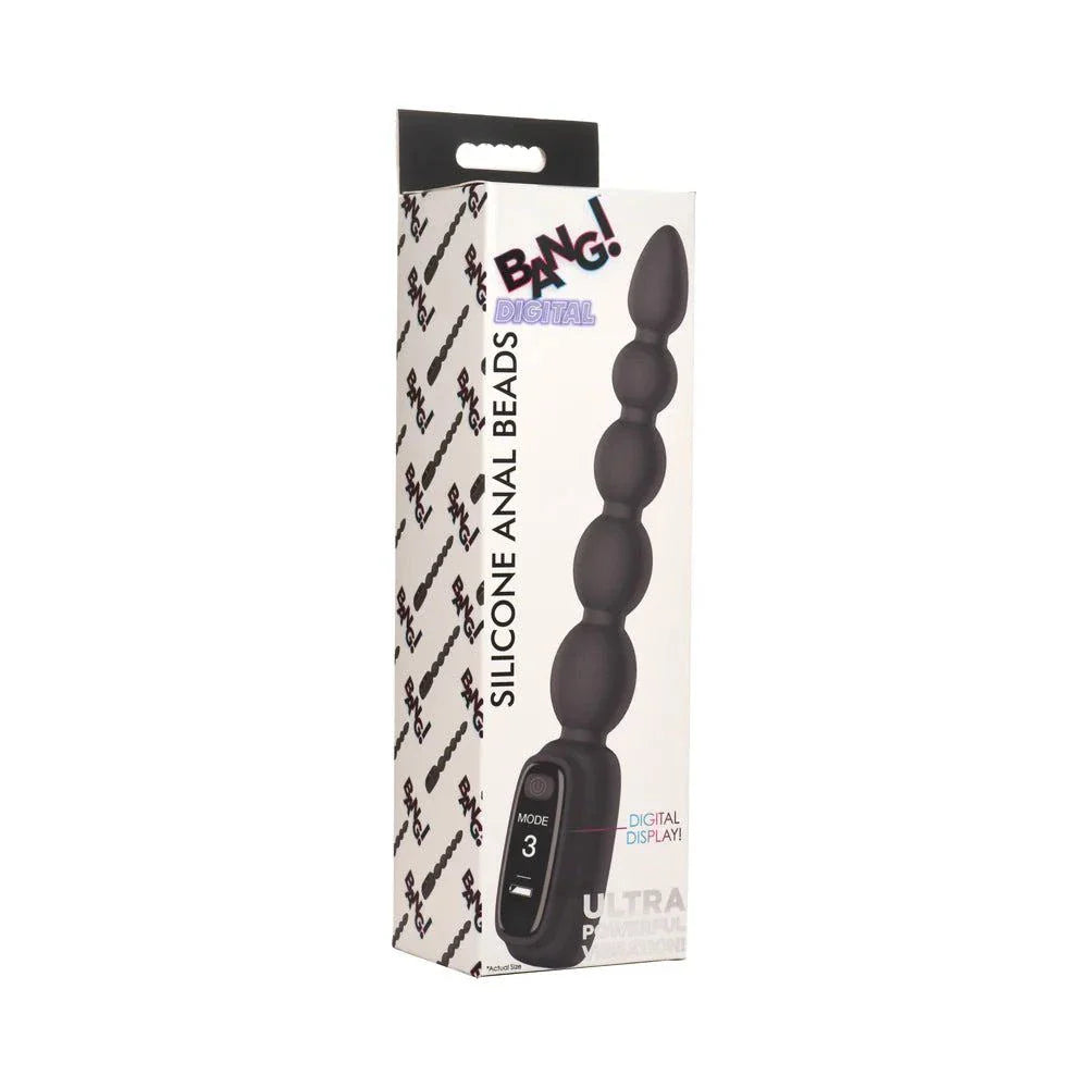 BANG! Digital Silicone Anal Beads with five graduated beads, digital display, and multiple vibration modes in sleek black design.