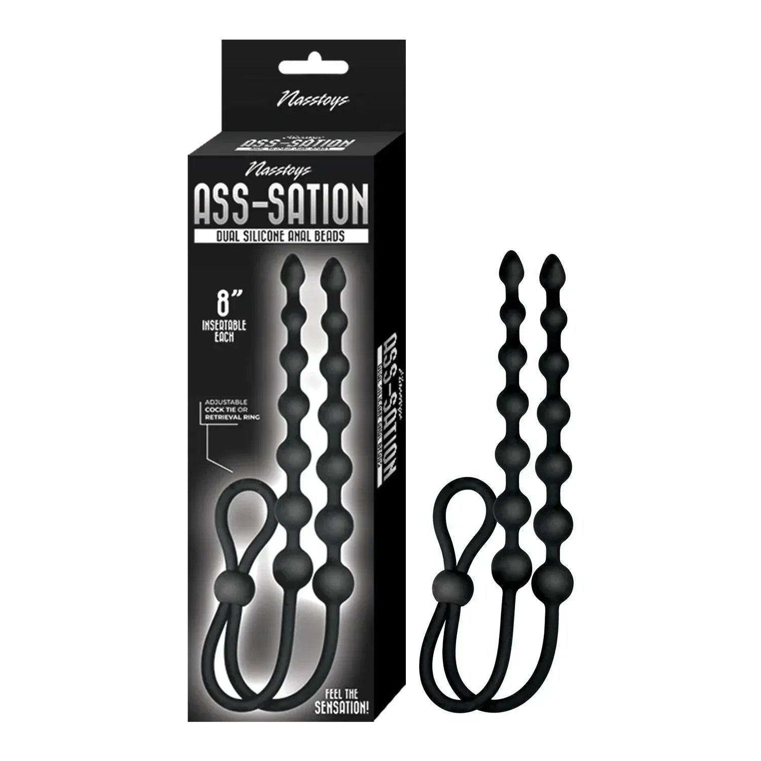 Black Ass-Sation Dual Silicone Anal Beads with adjustable lasso-style cock ring, 8-inch insertable length, body-safe silicone pleasure toy.