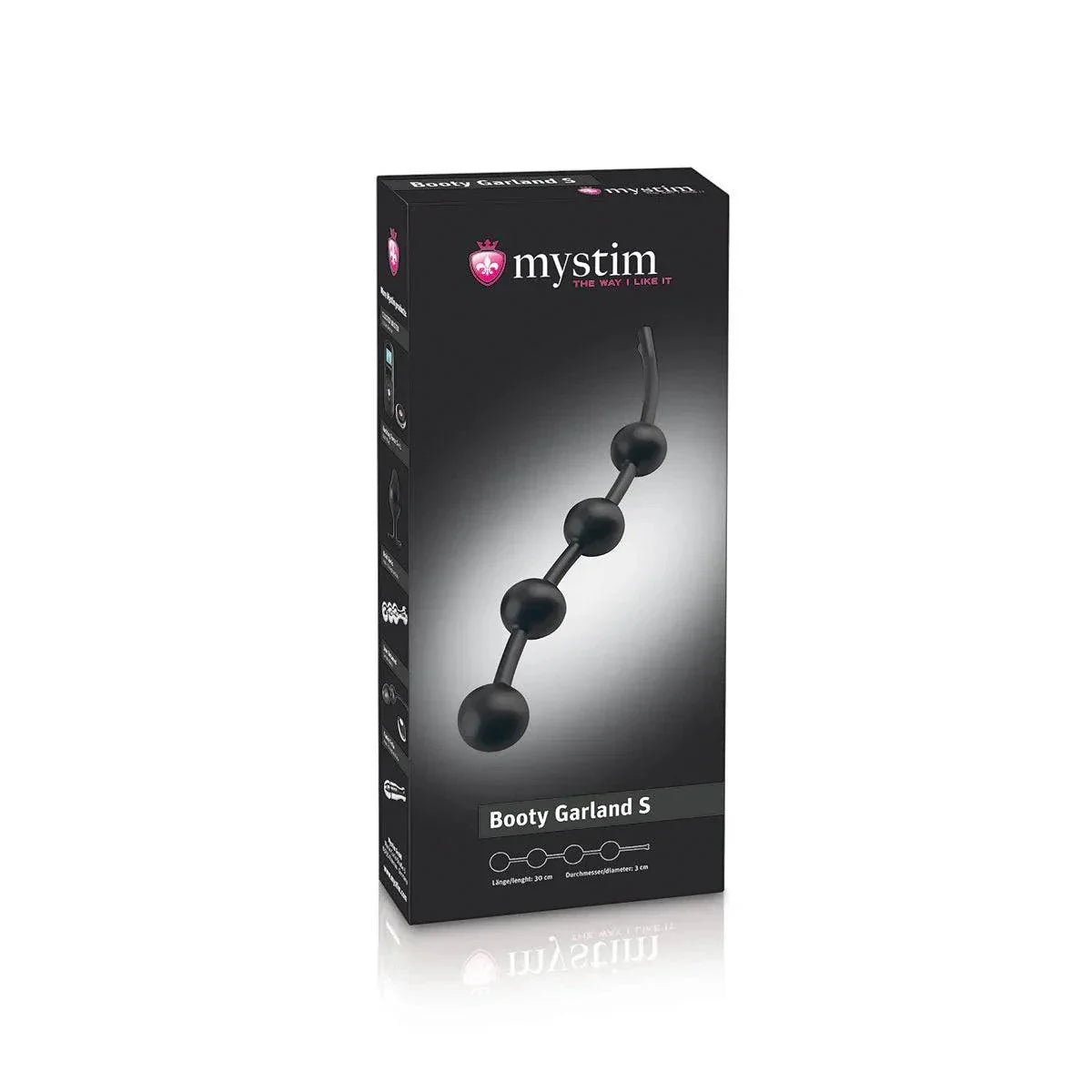 Mystim Booty Garland small anal beads with four rounded black beads in sleek packaging