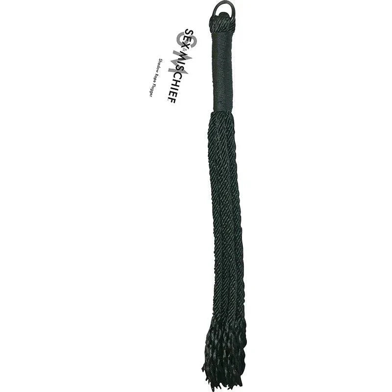 Black Sportsheets Sex & Mischief Shadow Rope Flogger with twisted rope falls and ergonomic handle for sensation play.