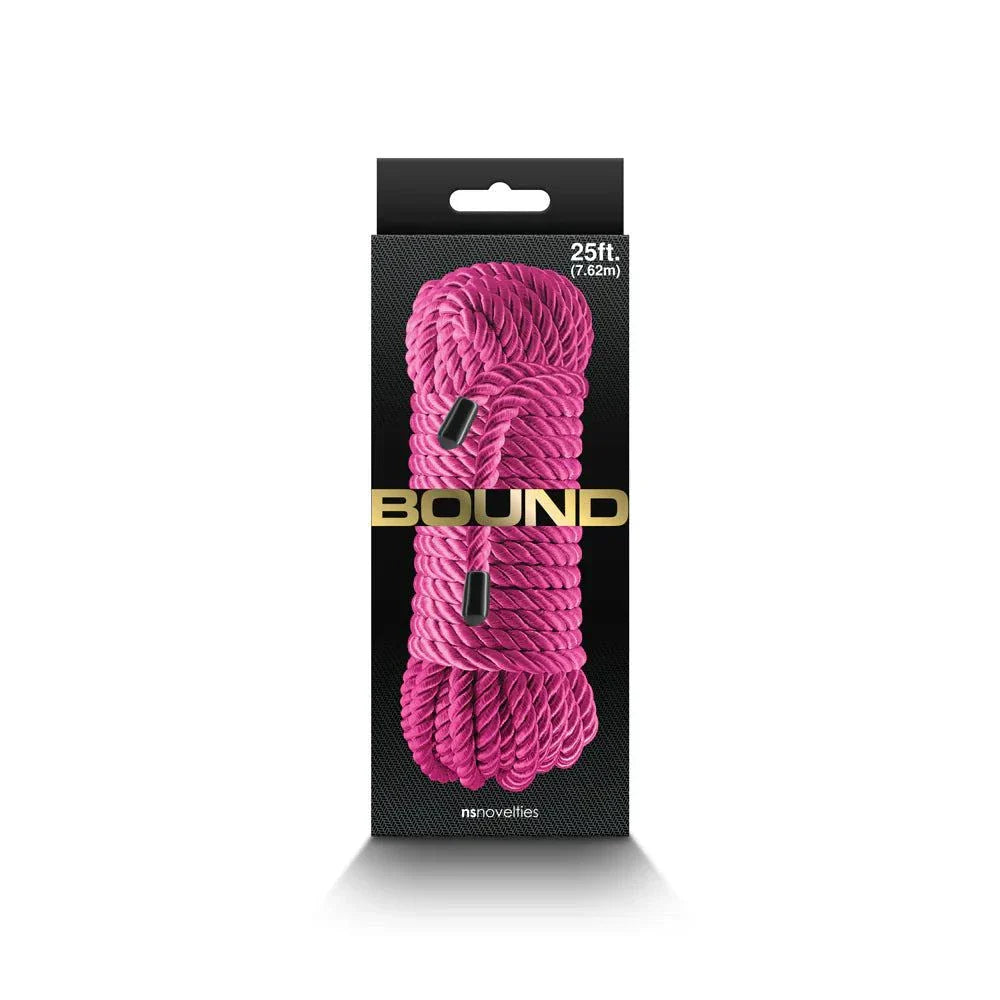 Bound Rope 25 ft. in vibrant pink for comfortable and playful restraint, packaged in black box with gold lettering.