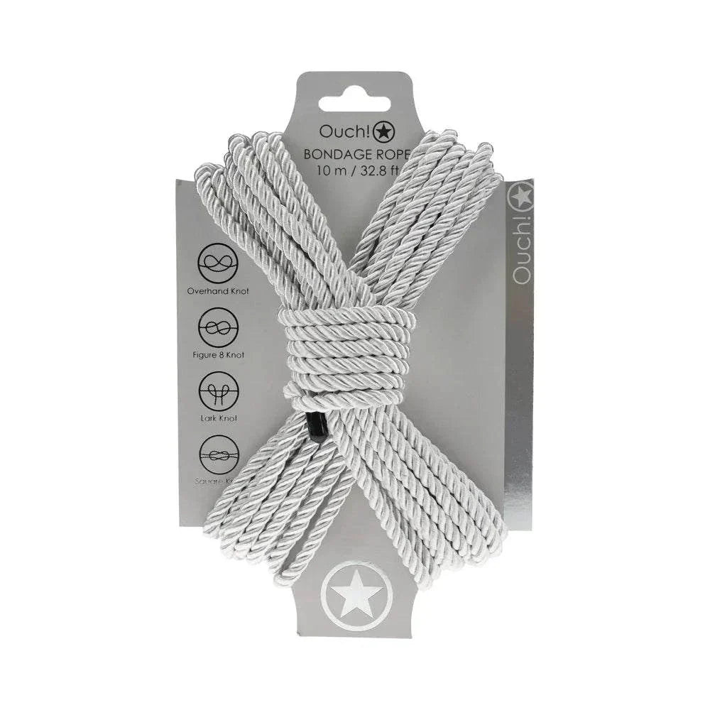 Ouch! Bondage Rope 10m nylon in white with packaging showing knot instructions and durable, versatile design for restraint play