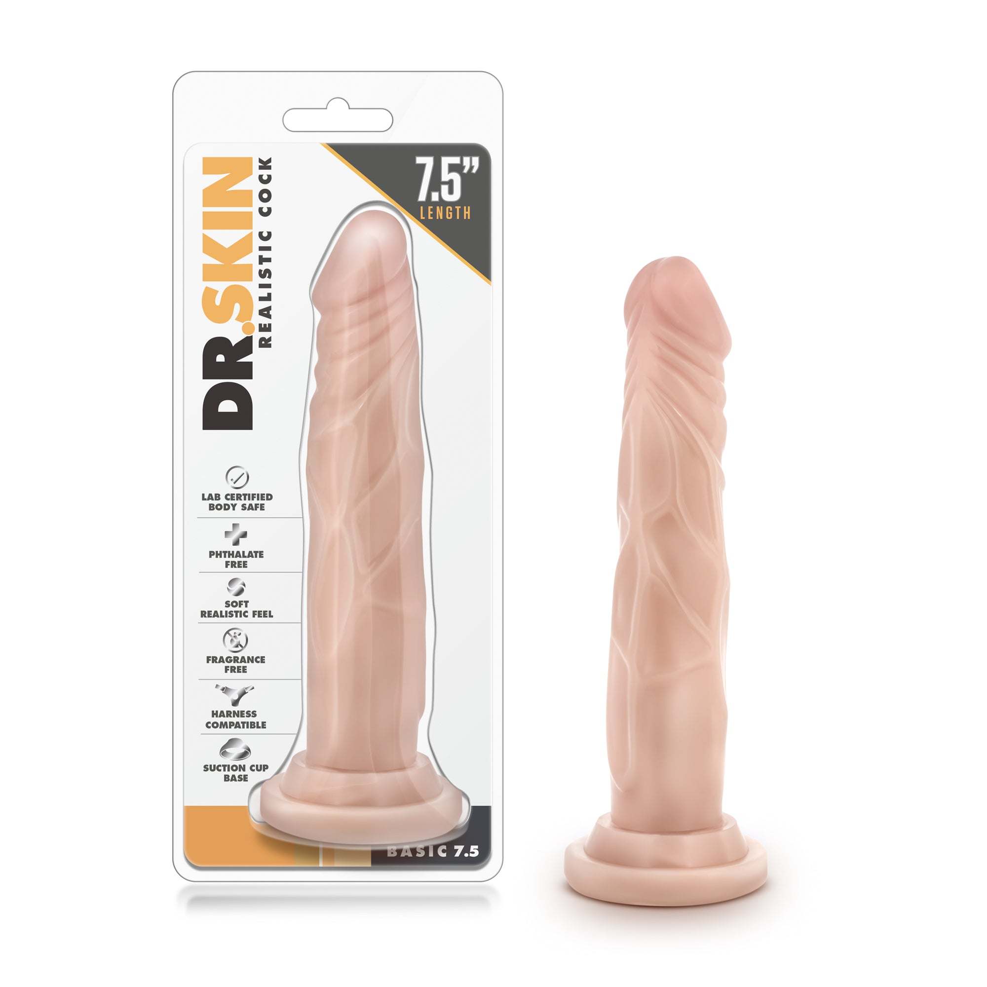Dr. Skin Realistic Cock 7.5 inch beige dildo with suction cup base and harness compatibility