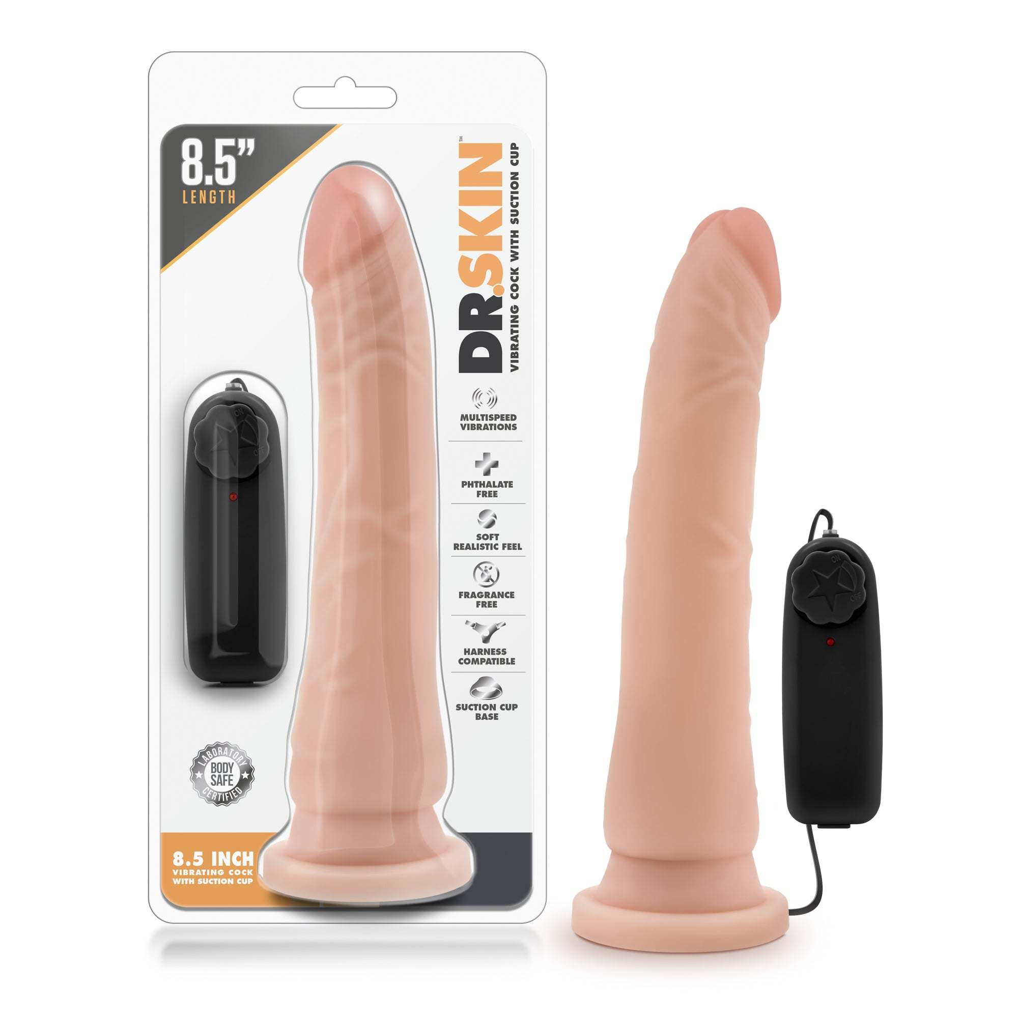 Dr. Skin 8.5 inch vibrating realistic dildo with suction cup and remote control, vanilla color, lifelike texture and curved shaft for G-spot stimulation.