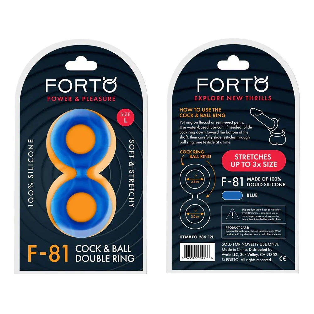 Forto F-81 liquid silicone cock and ball double ring in blue, stretchable up to 3 times, multiple sizes and colors available