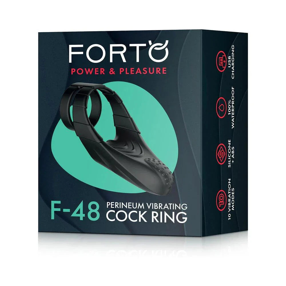 Forto F-48 rechargeable black silicone perineum vibrating double cockring in packaging with USB charging and waterproof features