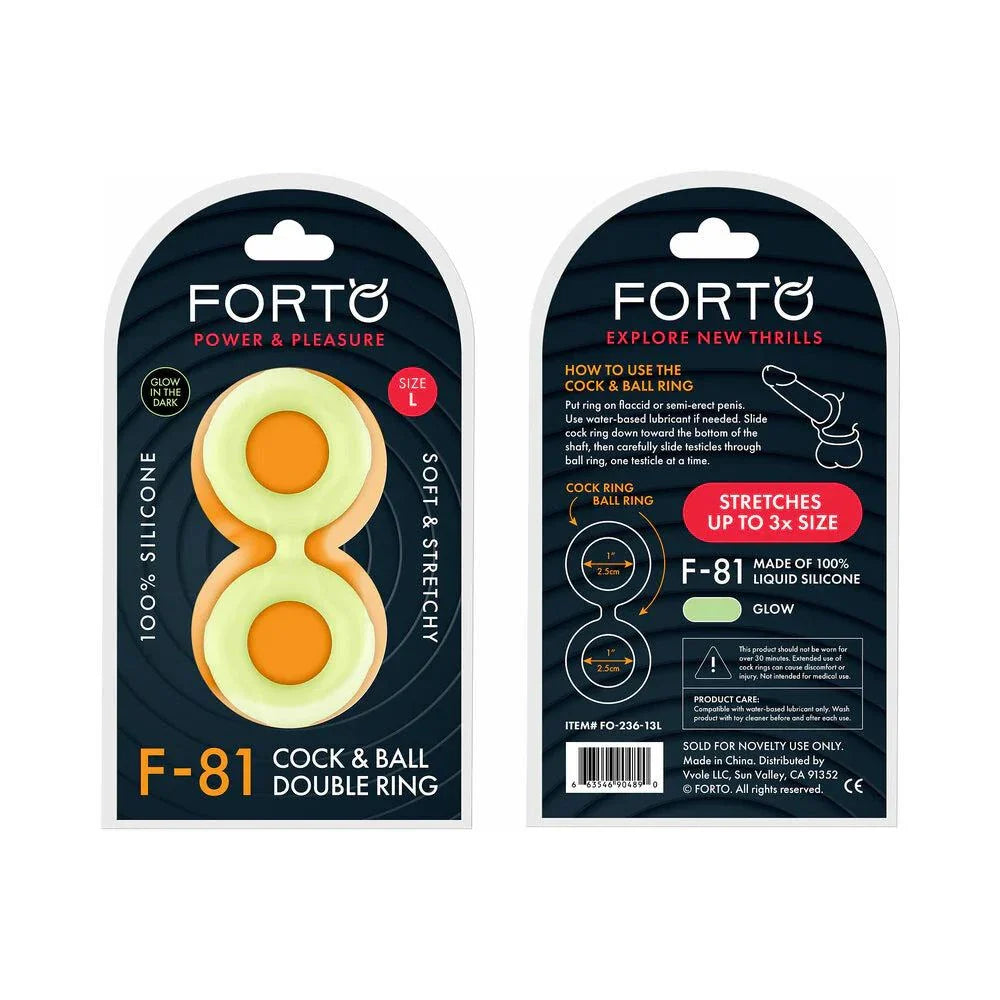 Forto F-81 liquid silicone cock and ball double ring in glow yellow, stretchy and soft, multiple sizes available
