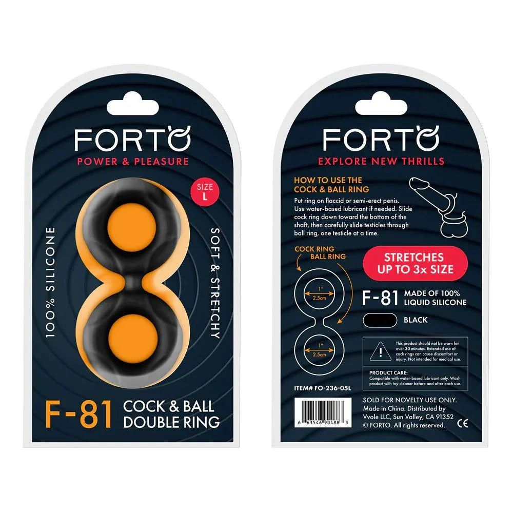Forto F-81 liquid silicone cock and ball double ring in black with stretchy, soft material, available in multiple sizes for enhanced pleasure and support