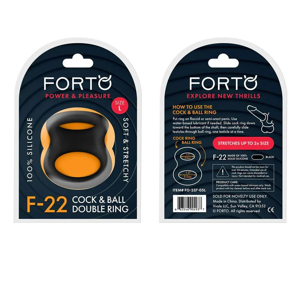 Forto F-22 Liquid Silicone cock and ball double ring in black, soft and stretchy, shown in packaging with usage instructions and size details.