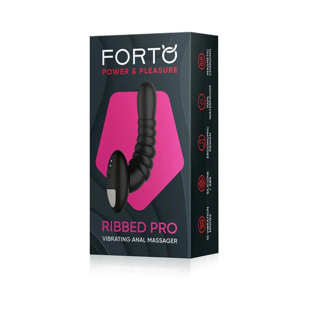 Forto Ribbed Pro rechargeable silicone vibrating anal massager with ergonomic design and ribbed texture in packaging
