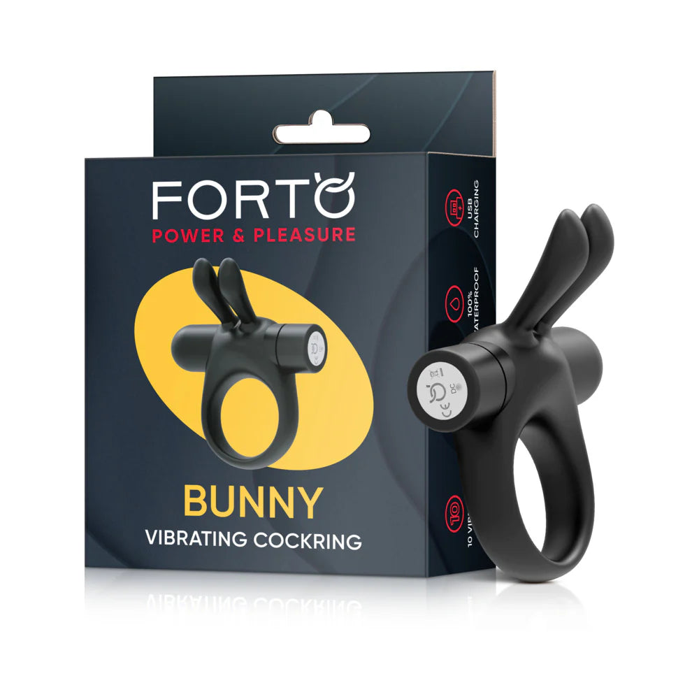 Forto Bunny Rechargeable Silicone Vibrating Cockring with Stimulating Ears Black by Cock & Balls