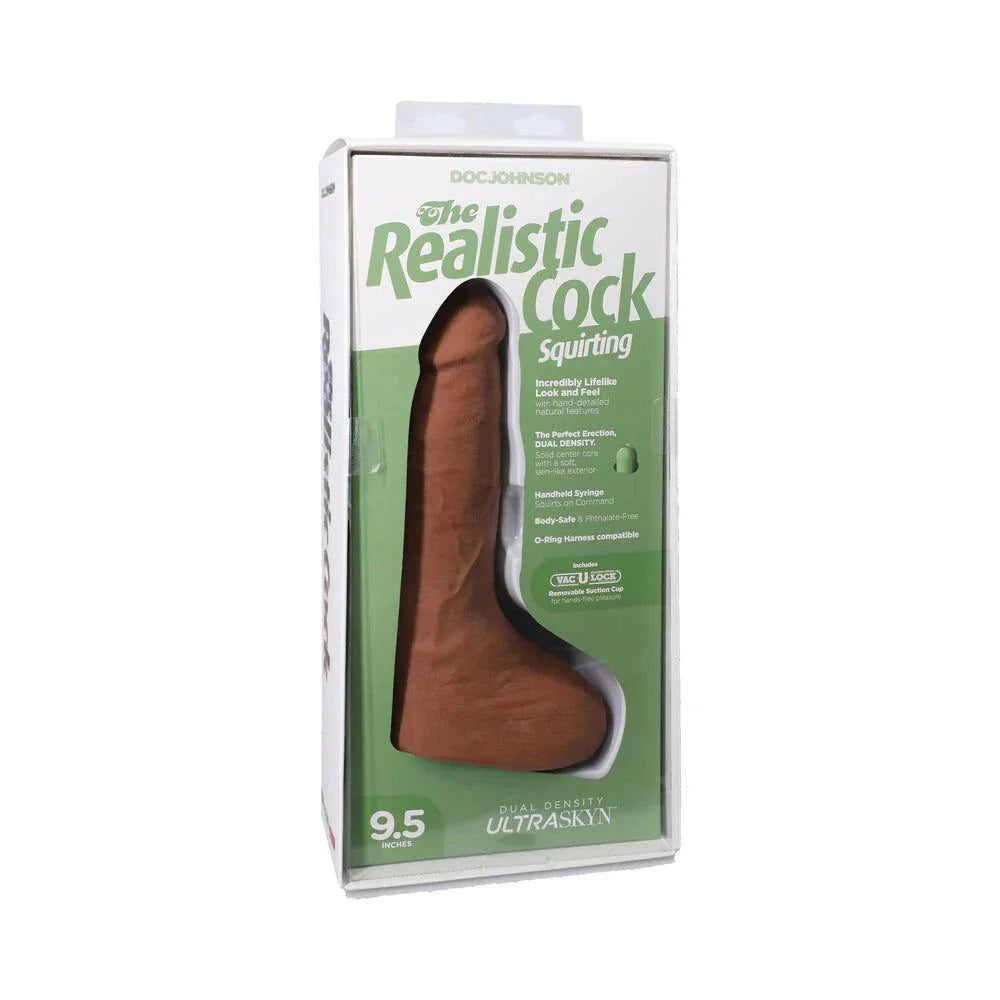 Realistic Cock Squirting 9.5-inch ULTRASKYN Vac-U-Lock dildo in caramel color with lifelike texture and squirting feature