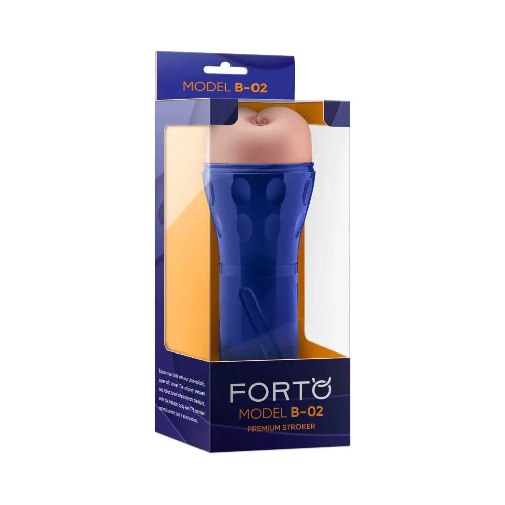Forto Model B-02 Stroker Light in blue case with realistic textured sleeve for pleasure and adjustable suction.