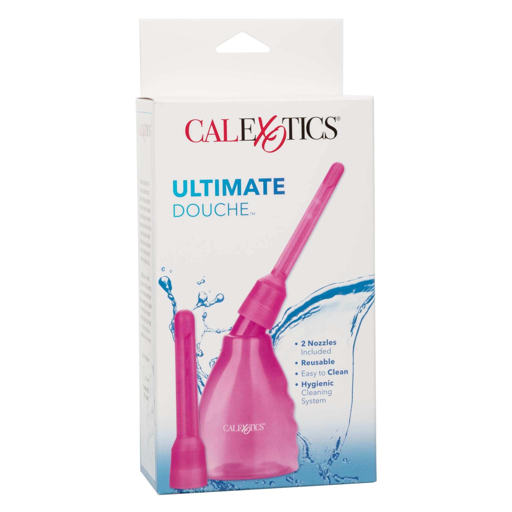 Pink reusable Ultimate Douche with two interchangeable nozzles in retail packaging.