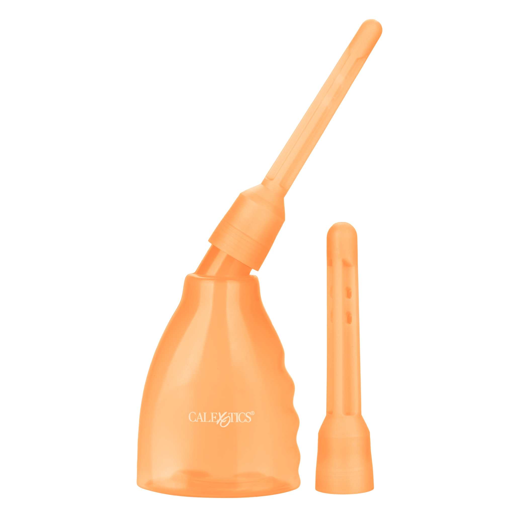 Orange reusable intimate hygiene douche with two interchangeable nozzles and transparent bottle