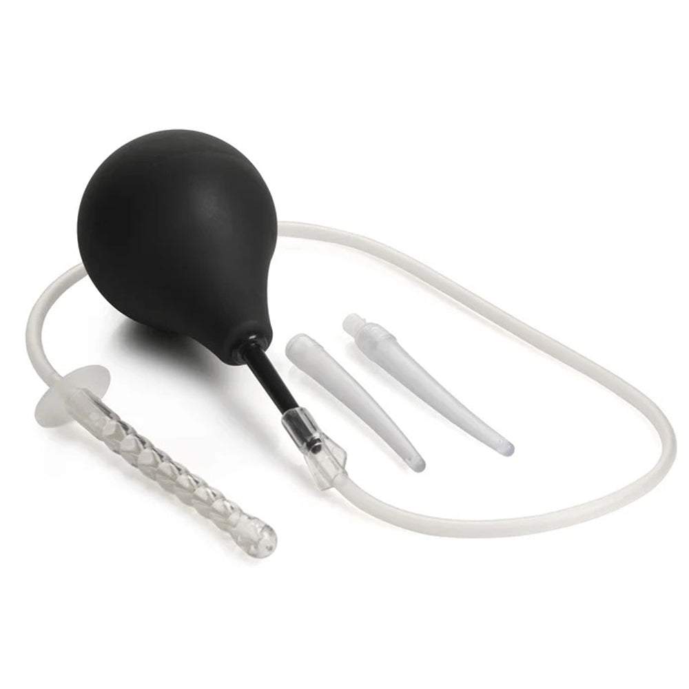 Silicone Enema Bulb Kit with black bulb, 23.5-inch tubing, and three detachable tapered and beaded attachments for personal cleansing and comfort.