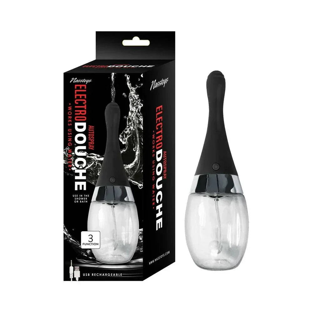 Nasstoys Electro Douche rechargeable autospray nozzle with ergonomic design, three spray functions, and USB charging, for convenient personal hygiene.