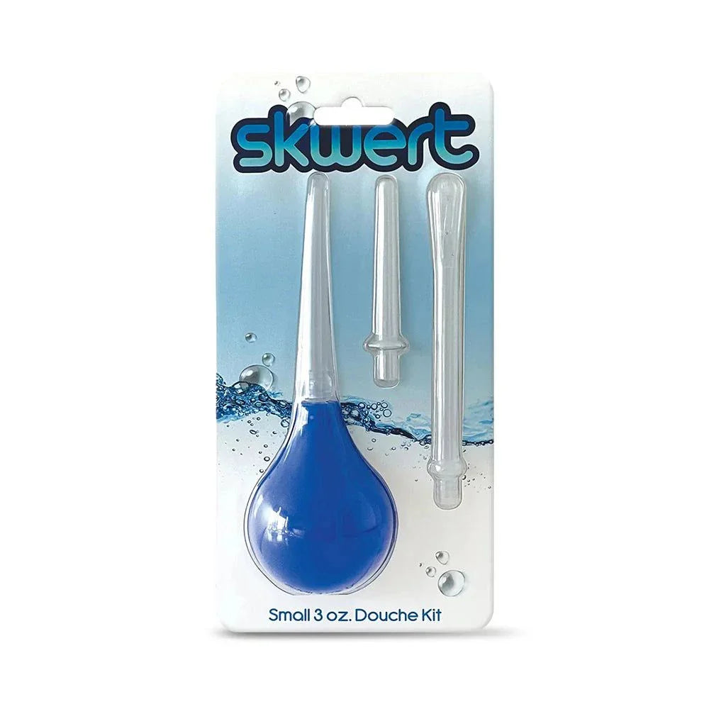Skwert Small 3 oz. Douche Kit with blue squeeze bulb and three translucent wands for personal travel hygiene.