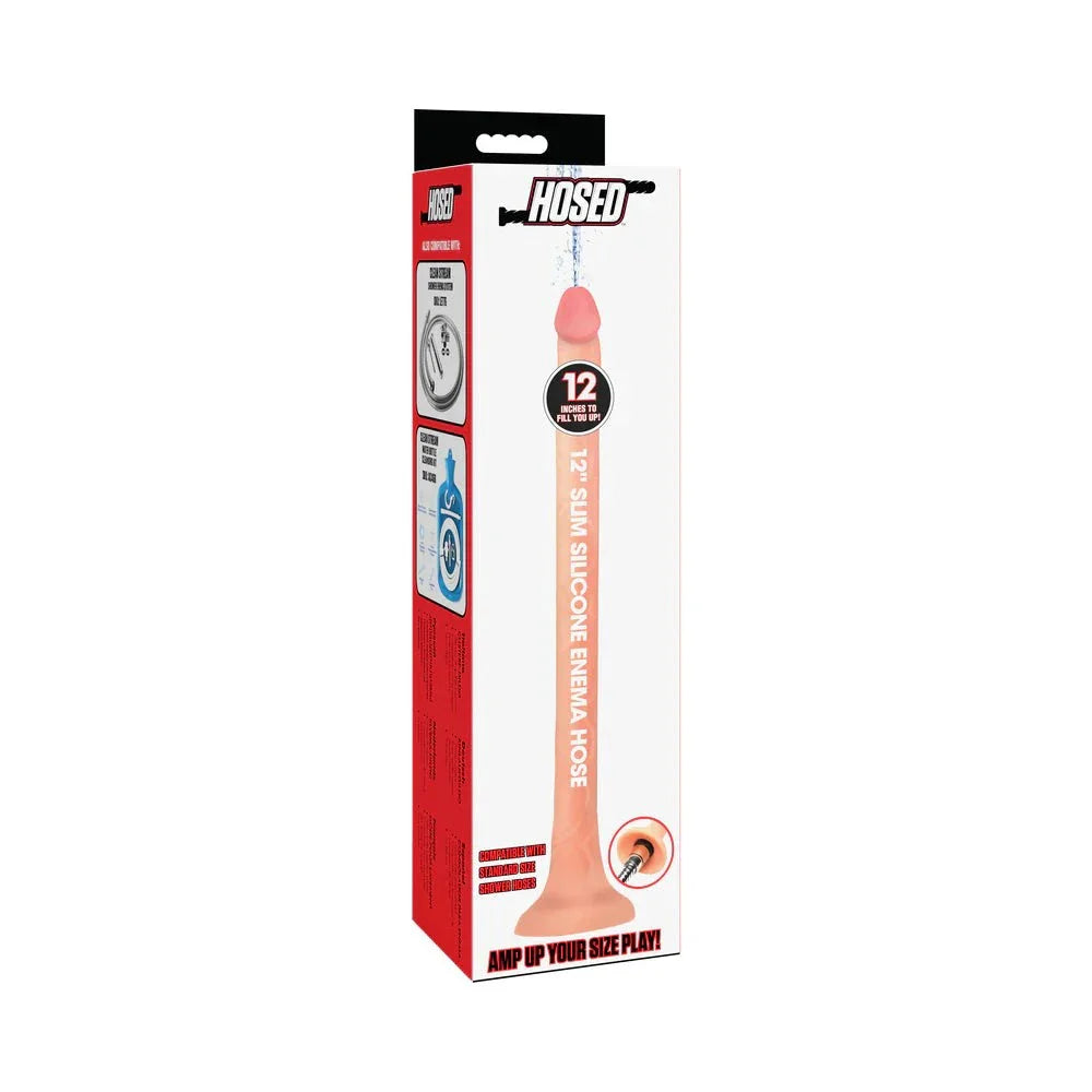 Hosed 12 in. Slim Silicone Enema Hose in packaging showing slim, realistic silicone enema hose with detailed tip designed for personal hygiene and pleasure.