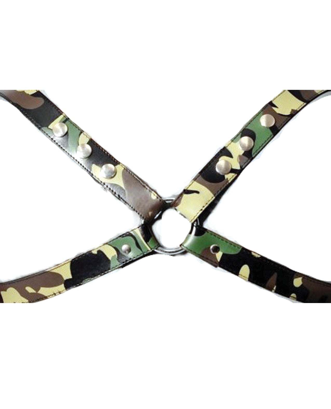 Sensual Sin Leather X Harness in camouflage leather with adjustable snap buttons and metal ring in the center