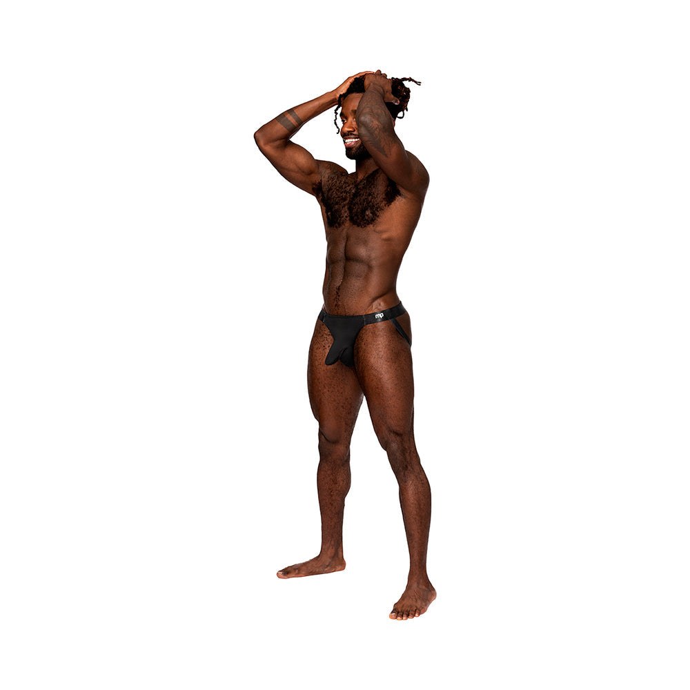 Male model wearing black Male Power Easy Breezy Jock Sleeve with low-cut waist and sleeved pouch in S/M size