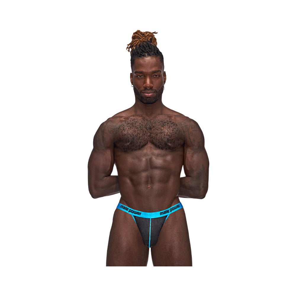 Male Power Casanova men's black uplift thong with blue branded waistband and fine-ribbed fabric.