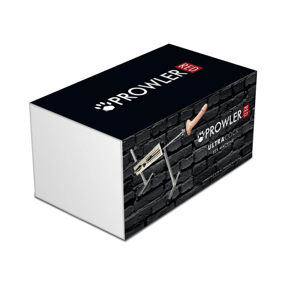 Prowler RED UltraCock adjustable sex machine with suction cup dildo attachment and wired speed controller packaging box